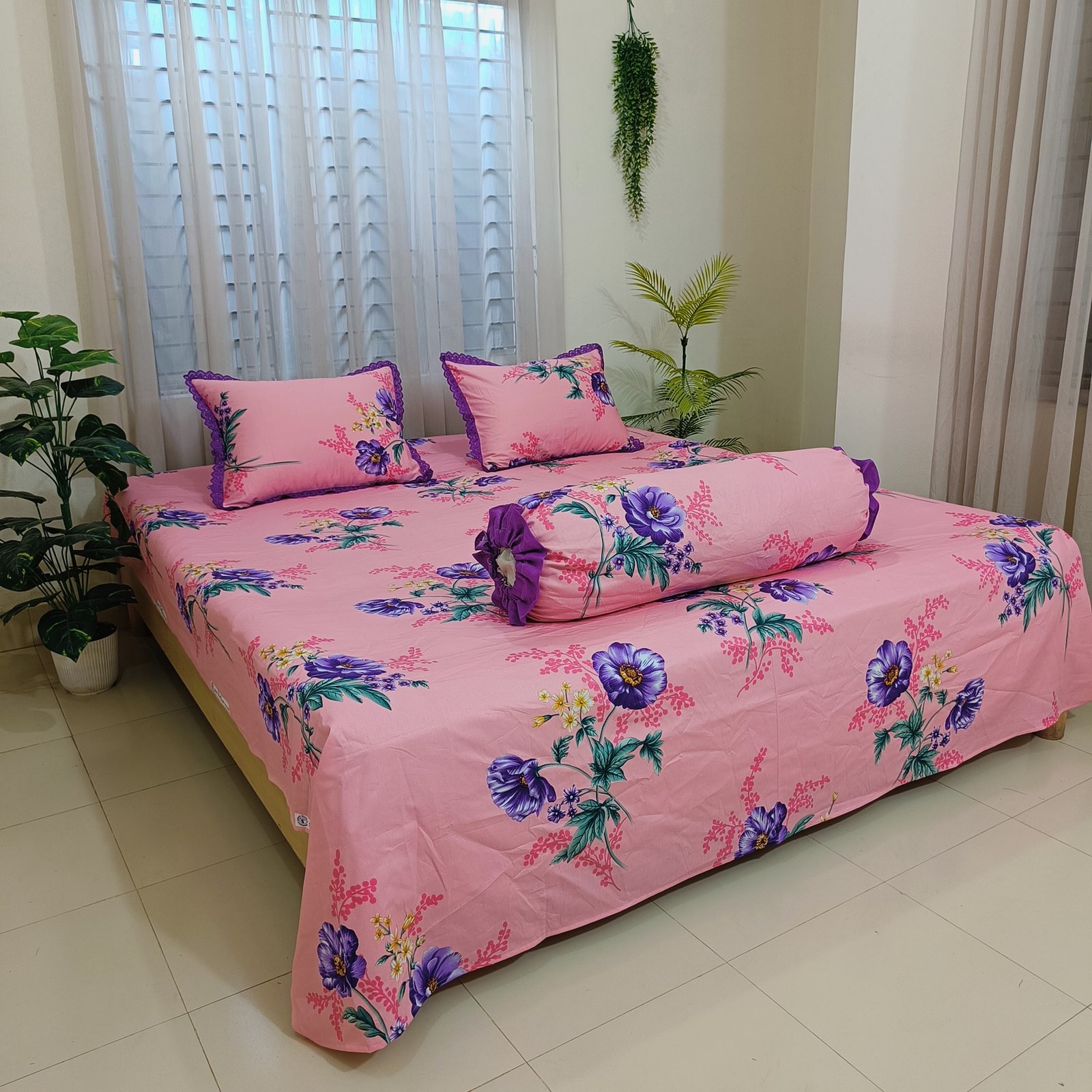 Baby Pink Base with Bold Purple Poppy Florals Purple Lace-Trim Bedding Set