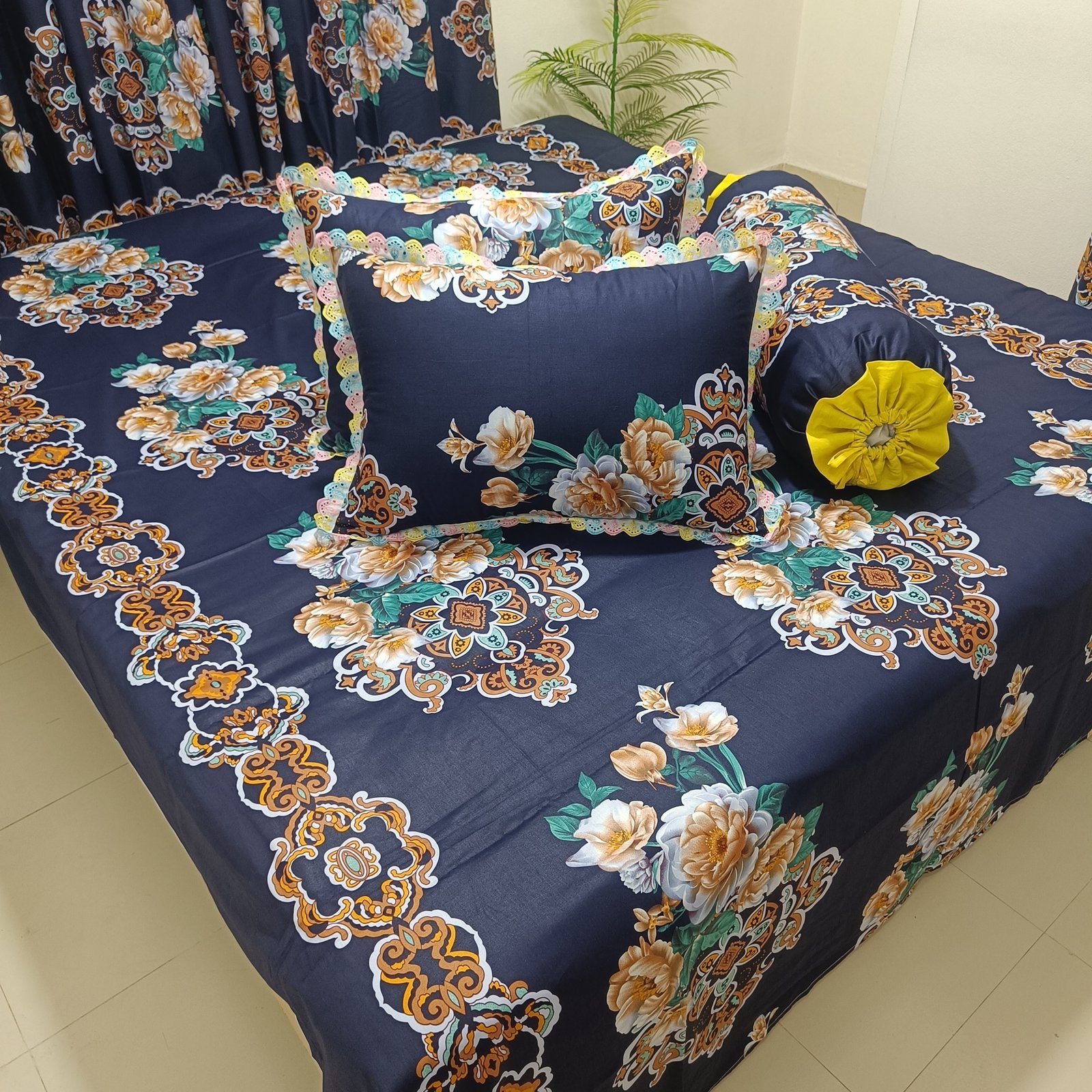 Imperial Navy Premium Cotton Bedsheet Set with Designd Pillows
