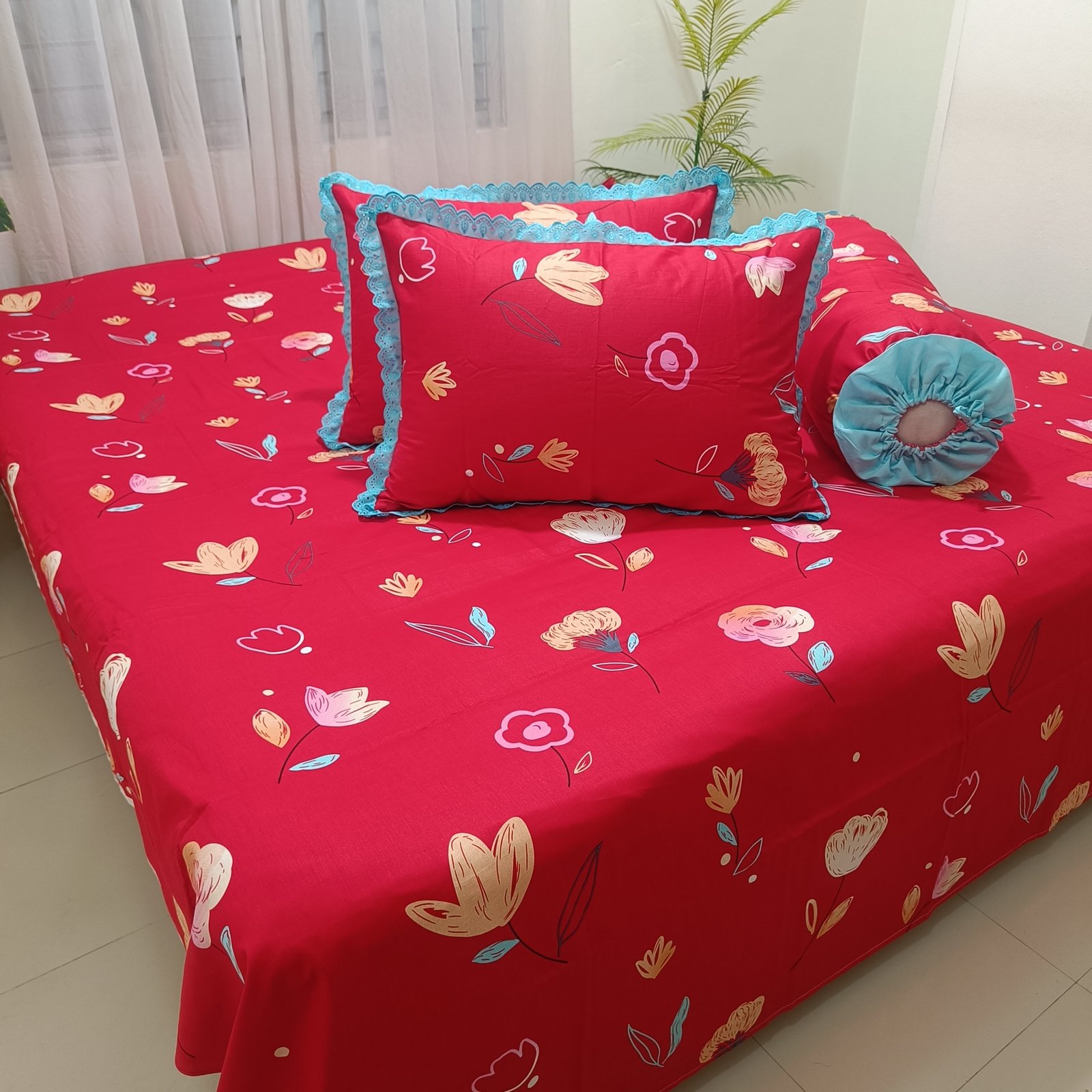 Red Base & Floral Designed Turquoise Lace Detail Premium Bedding Set